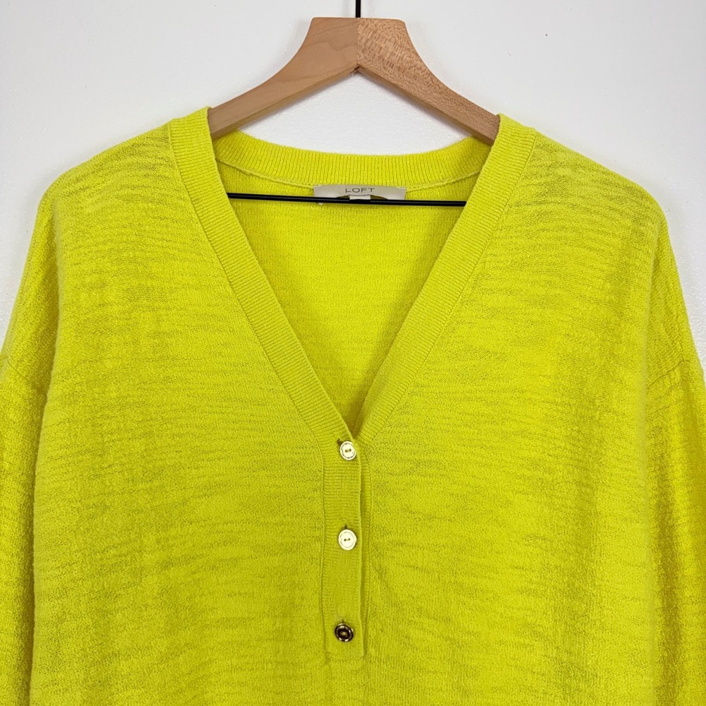 LOFT Henley Sweater Top Size M Bright Yellow Knit Cotton Blend 3/4 Sleeves Chic - Picture 3 of 14